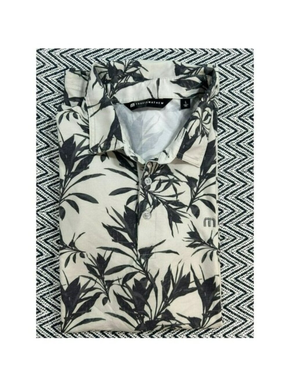 TravisMathew PGA Midwest Floral Polo Shirt L Beige/Black Peru Travis Mathew